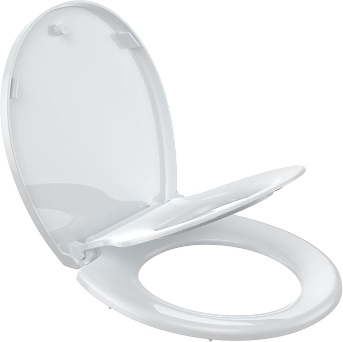 17" Round Toilet Seat with Built-In Toddler Seat, Quiet-Close Potty Training Seat with Quick-Release & Grip-Tight Bumpers, Quick-Attach Hardware, White Family Toilet Seat