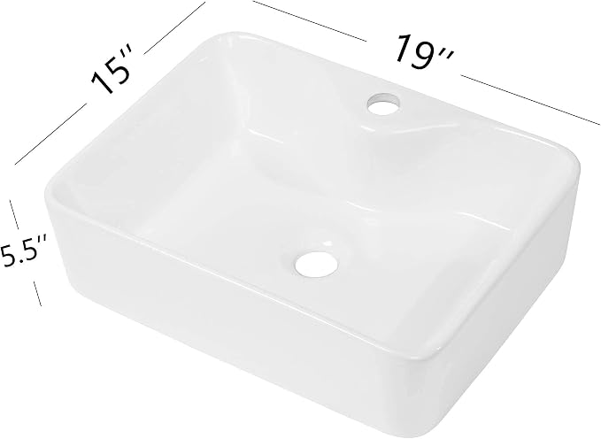 Dcolora Rectangular White Vessel Sink - 19"x15" Ceramic Porcelain Above Counter Vanity Sink Basin