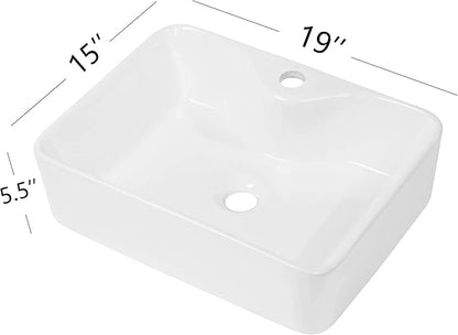 Dcolora Rectangular White Vessel Sink - 19"x15" Ceramic Porcelain Above Counter Vanity Sink Basin