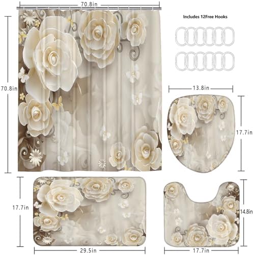 Chrainy 4pcs Beige Flowers Shower Cutain Bathroom Decor Sets with Rugs