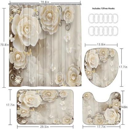 Chrainy 4pcs Beige Flowers Shower Cutain Bathroom Decor Sets with Rugs