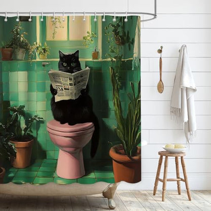 APROPHIC Funny Cat Shower Curtain, Green Shower Curtain for Bathroom, Balck Cat Reading Newspaper Print Bathroom Curtain Decor Waterproof Fabric with 12 Hooks, 72x72 Inch