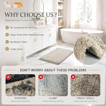 Yimobra Fluffy Plush Bath Rug, Shaggy Soft Comfortable Non Slip, Water Absorbent Microfiber Bath Mat, Dry Quick, Machine Washable Thick Bathroom Floor Rugs for Shower, 44" X 24", Light Beige and White