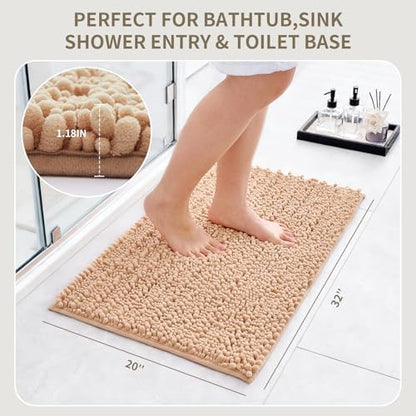 Bathroom Rugs Non Slip Washable 32x20, Extra Thick Soft Chenille Absorbent Bath Mat, High Density Barrier Non Slip Backing, Quick Dry Plush Shaggy Floor Carpet for Tub&Shower, Beige