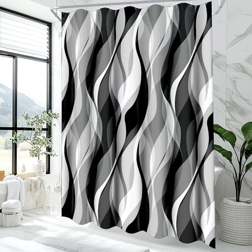 White and Grey Shower Curtain for Bathroom White and Black Shower Curtain Fabric Modern Abstract Striped Minimalist Bath Curtains Waterproof Shower Curtains Set, Black Gray White, 72 x 72 Inch