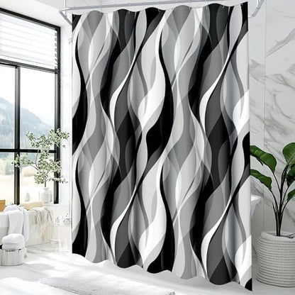 White and Grey Shower Curtain for Bathroom White and Black Shower Curtain Fabric Modern Abstract Striped Minimalist Bath Curtains Waterproof Shower Curtains Set, Black Gray White, 72 x 72 Inch