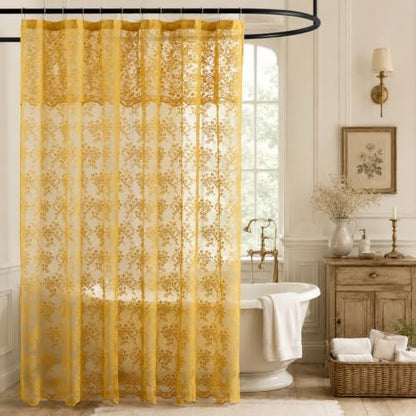 TUDECO Lace Mustard Yellow Shower Curtain with Valance, 72x72 Inch, 1 Panel