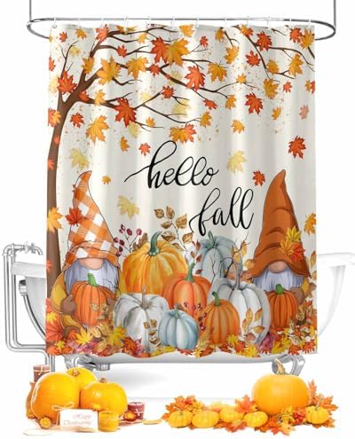 Shower Curtain Bathroom Set Autumn Gnome Orange Maple Tree Waterproof Shower Curtains with Grommets Hooks Thanksgiving Pumpkin Watercolor Privacy Bath Curtain for Bathtub Decor 72x72in
