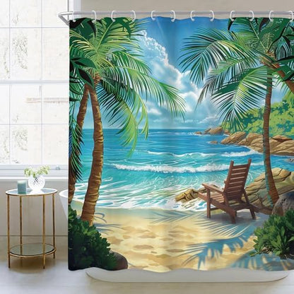 Ocean Coastal Nautical Beach Tropical Palm Tree Bathroom Shower Curtain Set