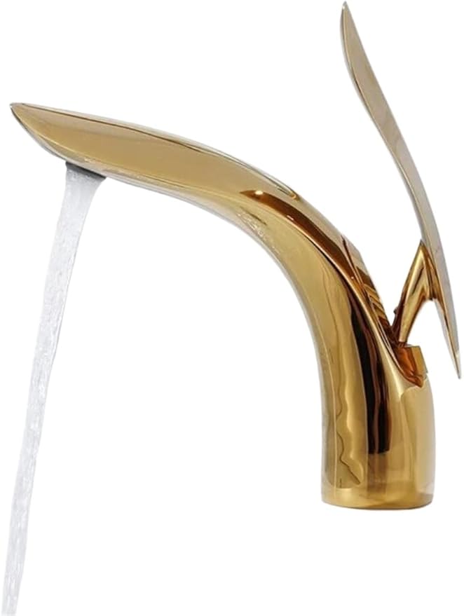 Faucet Modern Leaf Bathroom Basin Faucet Brass Single Lever Sink Tap with Hot Cold Water Mixer for Vanity(Gold Short) Faucet