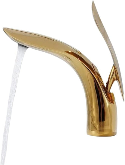 Faucet Modern Leaf Bathroom Basin Faucet Brass Single Lever Sink Tap with Hot Cold Water Mixer for Vanity(Gold Short) Faucet