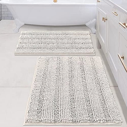 H.VERSAILTEX 2 Piece Bathroom Set - Super Absorbent Chenille Striped Bath Mats, Non Skid, Machine Washable (Ivory, 24 x 36 Plus 20 x 32 - Inches)