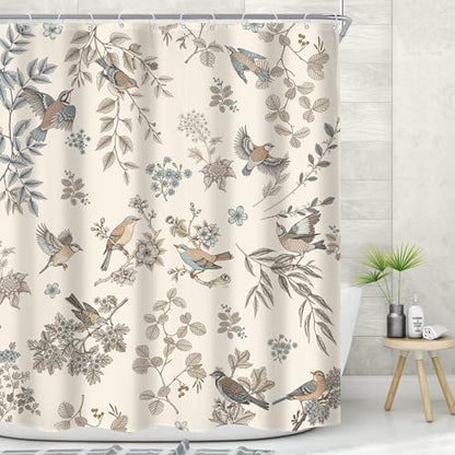 MESHELLY Floral and Birds Shower Curtain 60Wx72H Vintage Farmhouse Garden Flower Leaf Plant Beige Green Nature Elegant Chinoiserie Bath Curtain Cloth Fabric Bathroom Accessories Decor with 12 Hooks