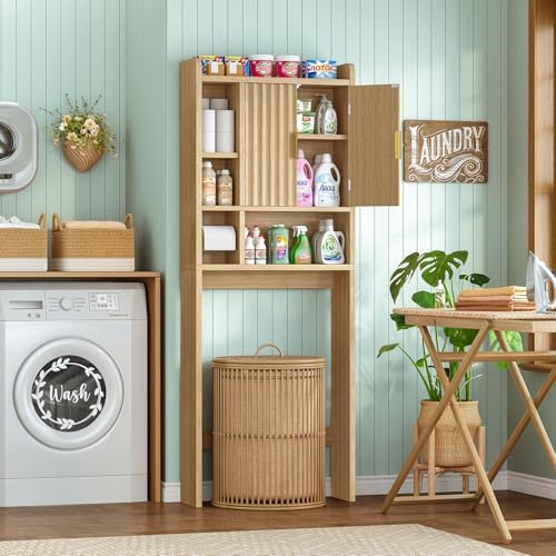 TEENFON Over The Toilet Storage Cabinet with 4 Open Shelves and Adjustable Shelf, Extra Tall Bathroom Organizer Unit with 2 Wood Doors, Home Space Saver for Bathroom, Laundry Room, Natural