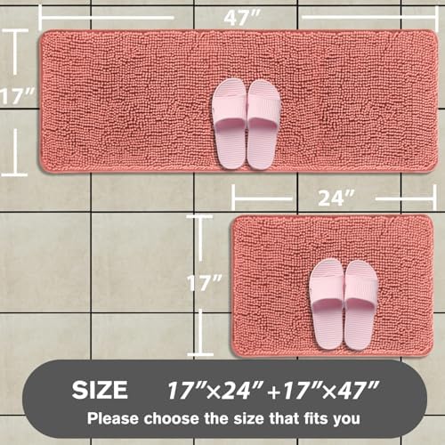 Bathroom Rugs Sets 2 Piece – Absorbent and Washable Bath Mat, Non-Slip, Thick Soft Chenille Bath Rugs for Bathroom Floor, Shower, Sink(17" x 24"+17" x 47", Coral)