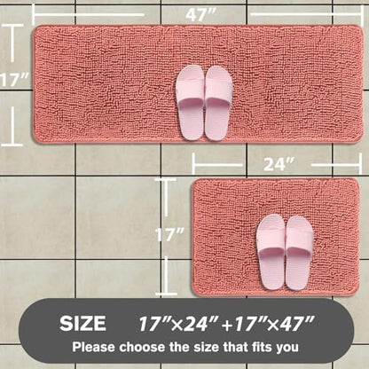Bathroom Rugs Sets 2 Piece – Absorbent and Washable Bath Mat, Non-Slip, Thick Soft Chenille Bath Rugs for Bathroom Floor, Shower, Sink(17" x 24"+17" x 47", Coral)