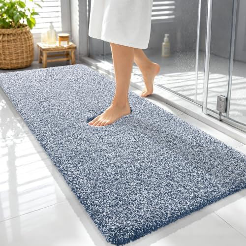 OLANLY Microfiber Bathroom Rugs 59x24, Quick Dry Bath Mat, Navy and White