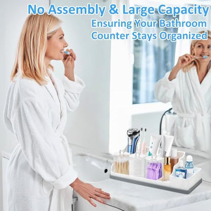 Bathroom Counter Organizer, Large White Silicone Toothbrush Holders for Bathrooms Organizer Countertop with 3PCS Qtip Holder, Toothbrush and Toothpaste Holder for Bathroom Organization Storage Vanity
