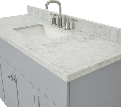 Bradford 54" Grey Single Bathroom Vanity with Sink, 1.5" Italian Carrara Marble Countertop, Rectangular Undermount Sink, 2 Soft Closing Doors, 4 Dovetail Drawers, Brushed Nickel
