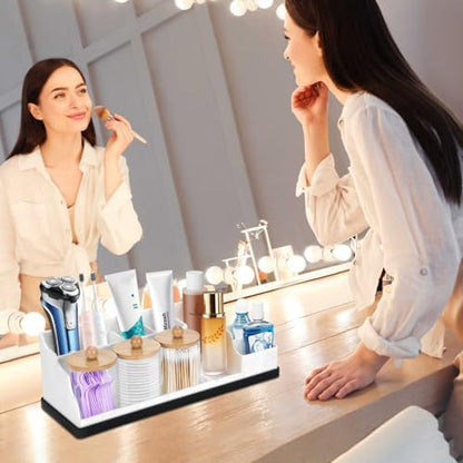 Bathroom Organizer Countertop, White Silicone Toothbrush Holders for Bathrooms with 3PCS Qtip Holder Dispenser, Toothbrush and Toothpaste Holder for Bathroom Counter Organization Storage Vanity