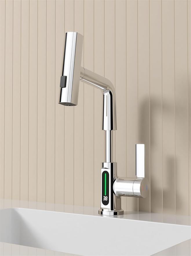 Bathroom Single Handle One Hole Basin Sink Pull Out Faucet with Waterfall Sprayer Temperature Digital Display Vanity Mixer Tap Pull-Down Spray Head Chrome
