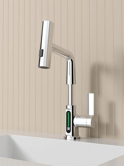 Bathroom Single Handle One Hole Basin Sink Pull Out Faucet with Waterfall Sprayer Temperature Digital Display Vanity Mixer Tap Pull-Down Spray Head Chrome