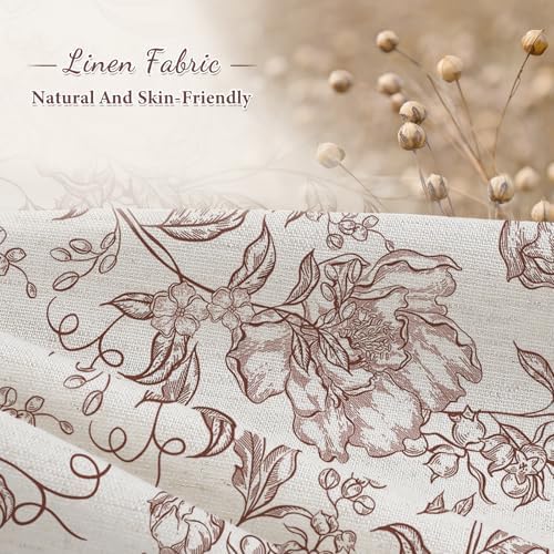 Burgundy Boho Linen Fabric Shower Curtain ,Farmhouse Floral For Bathroom