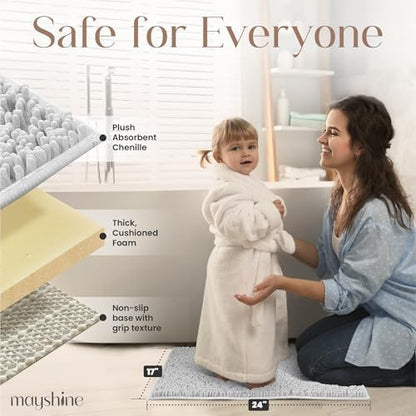 MAYSHINE Small Plush Shaggy Chenille Bath Mat 24"x17" Extra Soft, Super Absorbent, Non-Slip Bathroom Rug | Fluffy Microfiber, Area Rug Sets for Bathroom Floor, Kitchen, Living Room, White