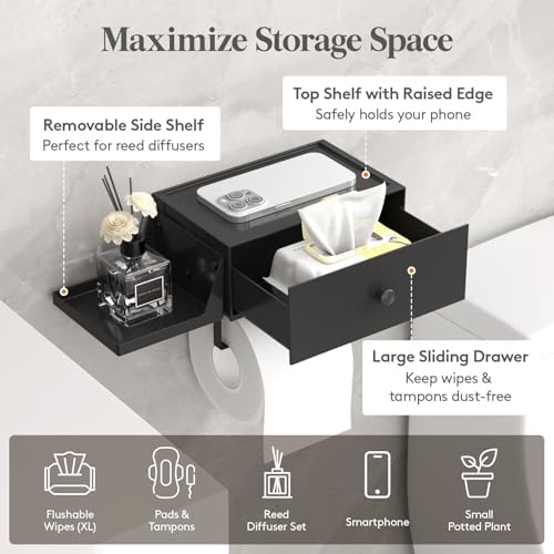 Lifewit Toilet Paper Holder Wall Mount with Shelf & Drawer, Black, 1 Pack