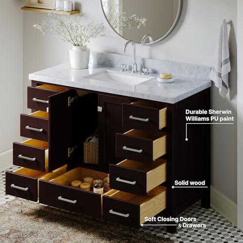 ARIEL Cambridge 48-inch Bathroom Vanity with Sink,Solid Wood, 1.5-inch Italian Carrara Marble Countertop, Single Rectangular Porcelain Sink, 2 Soft Closing Doors, 9 Dovetail Drawers, Espresso