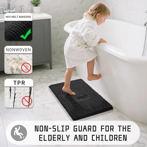 Yimobra Long Bathroom Rugs 47"x24", Extra Soft Non Slip Bath Mat for Tub, Super Absorbent Quick Dry Shaggy Rug Floor Carpet, Machine Washable,Black