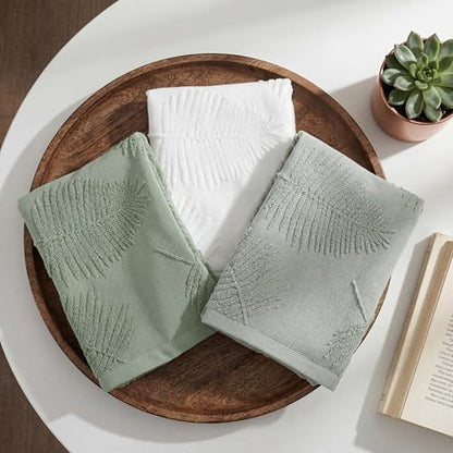 Tiamon 3 Pcs Bathroom Towel Decorative Set 100% Cotton Fluffy Bath Hand Towels for Guest Gifts Farmhouse Kitchen Hand Towels Home(Grayish Green, Green, White,30 x 13 Inch,Palm Leaf)