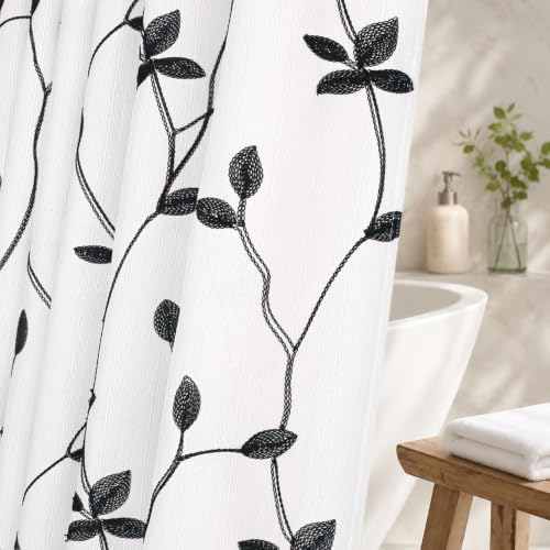 Embroidered Leaf Farmhouse Shower Curtain,Faux Linen,72Wx72L,White Black