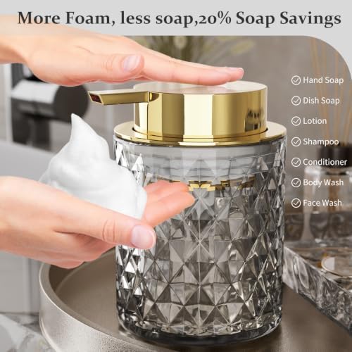 Glass Bathroom Accessories Set 5Pcs Crystal Black, Foaming Soap Dispenser, Soap Dish, Cup, Acrylic Toothbrush Holder with Tray Organizer, Cotton Swab Jar, Bathroom Counter Set Sink Decor