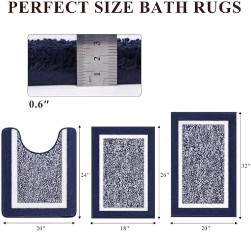 Pauwer 3 Piece Bathroom Rug Set, Non Slip Washable Bath Mat, Navy