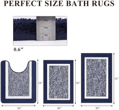 Pauwer 3 Piece Bathroom Rug Set, Non Slip Washable Bath Mat, Navy