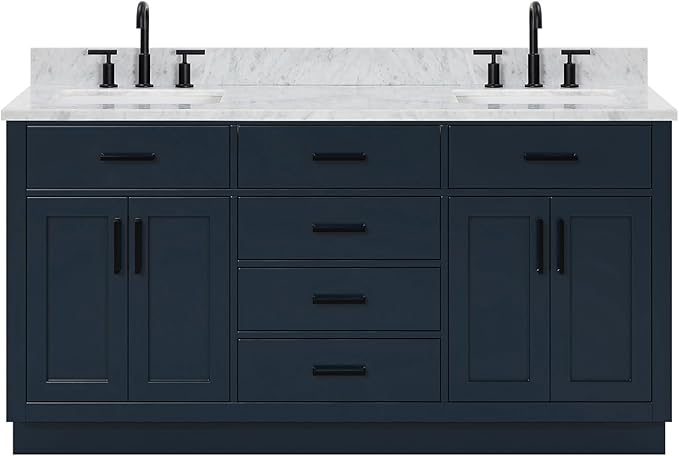 ARIEL Hepburn 66-inch Bathroom Vanity with Sink,Solid Wood, 0.75-inch Italian Carrara Marble Countertop, Double Rectangular Porcelain Sink, 4 Soft Closing Doors, 6 Dovetail Drawers, Midnight Blue