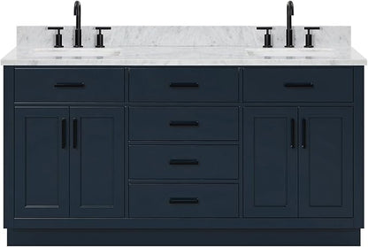 ARIEL Hepburn 66-inch Bathroom Vanity with Sink,Solid Wood, 0.75-inch Italian Carrara Marble Countertop, Double Rectangular Porcelain Sink, 4 Soft Closing Doors, 6 Dovetail Drawers, Midnight Blue