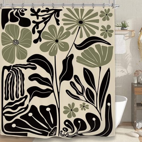Abstract Black Sage Green Matisse Flower Shower Curtain 60Wx72L Inch Retro Vintage Aesthetic Minimalist Groovy Art 70s Trendy Modern Bathroom Set Accessories Decor with 12 Pack Hooks