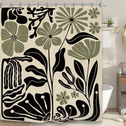 Abstract Black Sage Green Matisse Flower Shower Curtain 60Wx72L Inch Retro Vintage Aesthetic Minimalist Groovy Art 70s Trendy Modern Bathroom Set Accessories Decor with 12 Pack Hooks