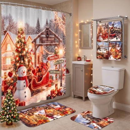 FuWeave 8 Pcs Christmas Shower Curtain Set for Bathroom Decor Include Vintage Steam Train Snowman Towels Christmas Non Slip Santa Cabin Rugs Toilet Lid Cover Xmas Bath Mat and 12 Hooks