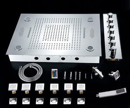 CASCADA 23"x31" LED Shower System with Handheld Shower | 6 Functions (Rainfall, Waterfall, Curtain, Misty, Body Jets & Handheld) | 7 Knob Valve (Music, Polished Stainless Steel)