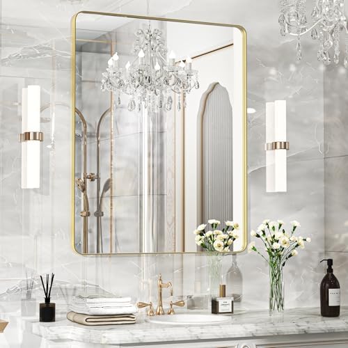 40×30 Gold Bathroom Mirror, Rectangular Bathroom Vanity Mirror for Wall with Rounded Corners & Aluminum Alloy Frame, Tempered-Glass, Modern, Farmhouse, Horizontal/Vertical, Entryway, Bedroom