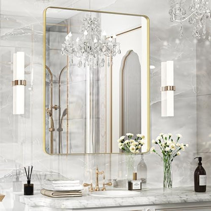 40×30 Gold Bathroom Mirror, Rectangular Bathroom Vanity Mirror for Wall with Rounded Corners & Aluminum Alloy Frame, Tempered-Glass, Modern, Farmhouse, Horizontal/Vertical, Entryway, Bedroom