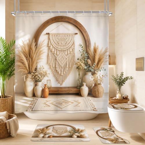 SVBright 4PCs Boho Bathroom Sets Bohemian Shower Curtain Set 72Wx72H Vases and Pampas Grass Bathroom Rug Quick Dry Bath Rug Mat Toilet Mat U-Shape Cover Nonslip Washroom Decor Shower Accessories