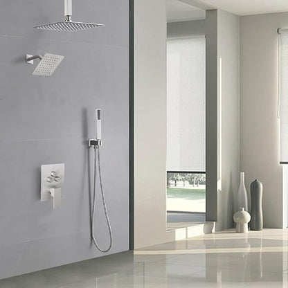 Shower Faucet Set Brushed Nickel 10 Inch Ceiling Mount Rainfall Shower System with 2 Rain Shower Head and Handheld Head Push Button Diverter Shower Trim Kit and Rough-in Valve Body