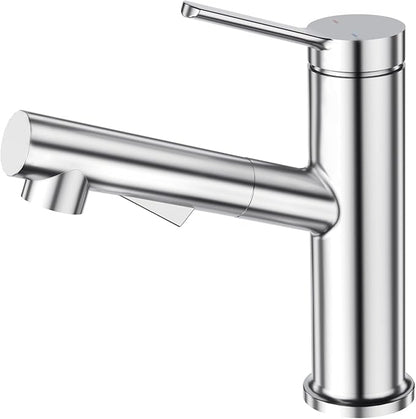 Faustina Bathroom Faucet with Pull Out Sprayer, Polished Finish Bathroom Sink Faucet for Vanity or Laundry, Stainless Steel 1 Handle with Deck Plate for 1 or 3 Hole