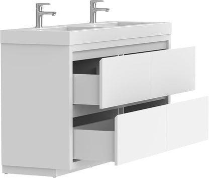 Vanity Art 60 Inch Double Sinks Floor Standing Bathroom Vanity Set 2 Drawers Storage Cabinet with White Engineered Stone Top Undermount Rectangle Sinks High-Glossy Finish