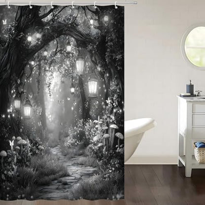 Fantasy Forest Path Shower Curtain Grey Fairy Magical Enchanted Misty Jungle Mushroom Floral Tree Butterfly Lantern Wonderland Bath Curtain Fabric Bathroom Accessories Decor with Hooks 47W x63L