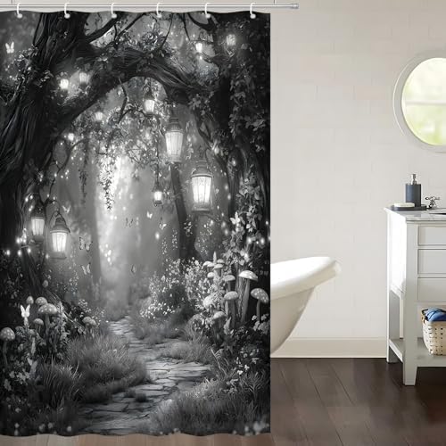 Fantasy Forest Path Shower Curtain Grey Fairy Magical Enchanted Misty Jungle Mushroom Floral Tree Butterfly Lantern Wonderland Bath Curtain Fabric Bathroom Accessories Decor with Hooks 47W x70L